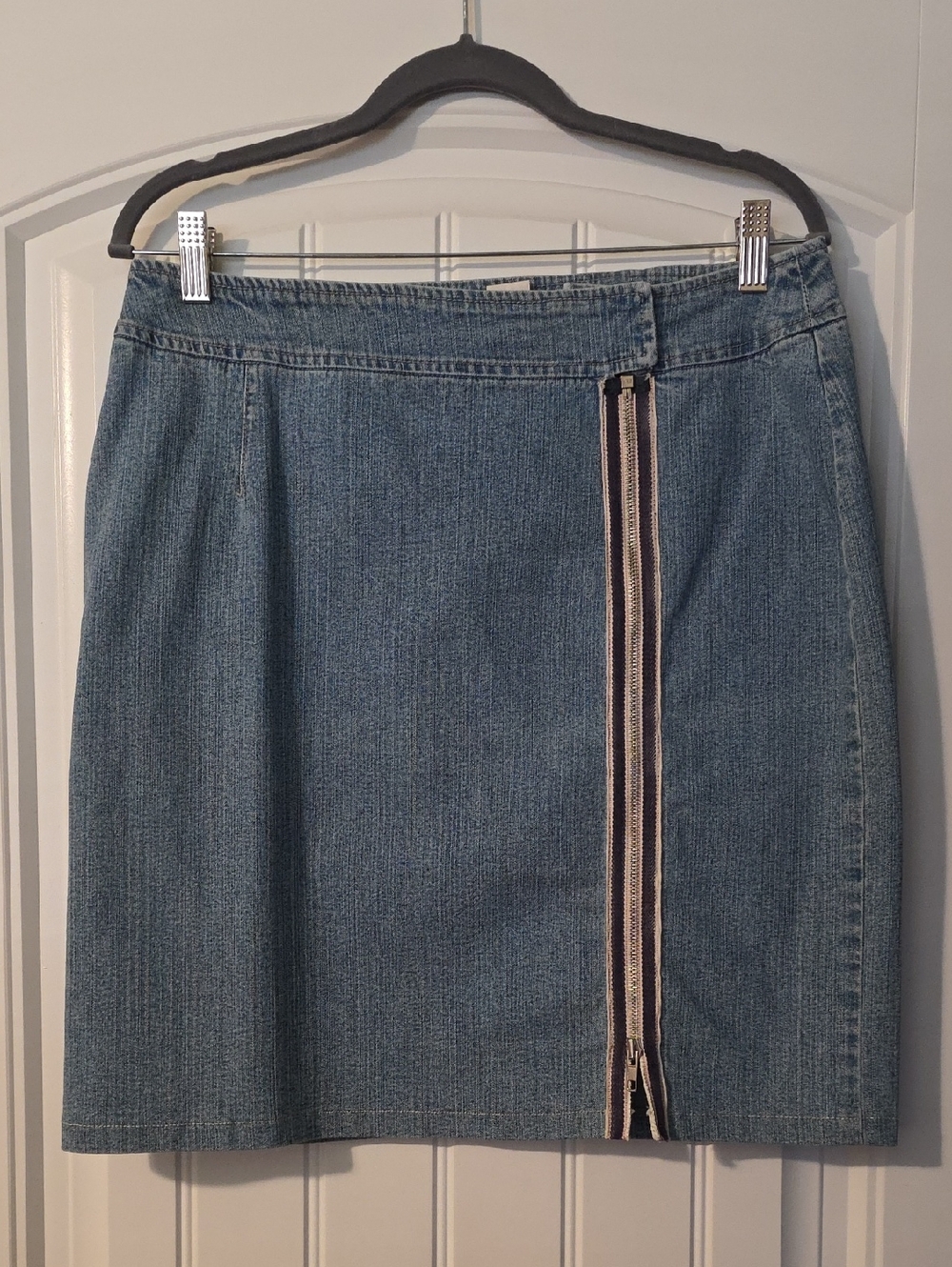 Doncaster Blue Denim Midi Skirt with Navy & White Zip Stripe